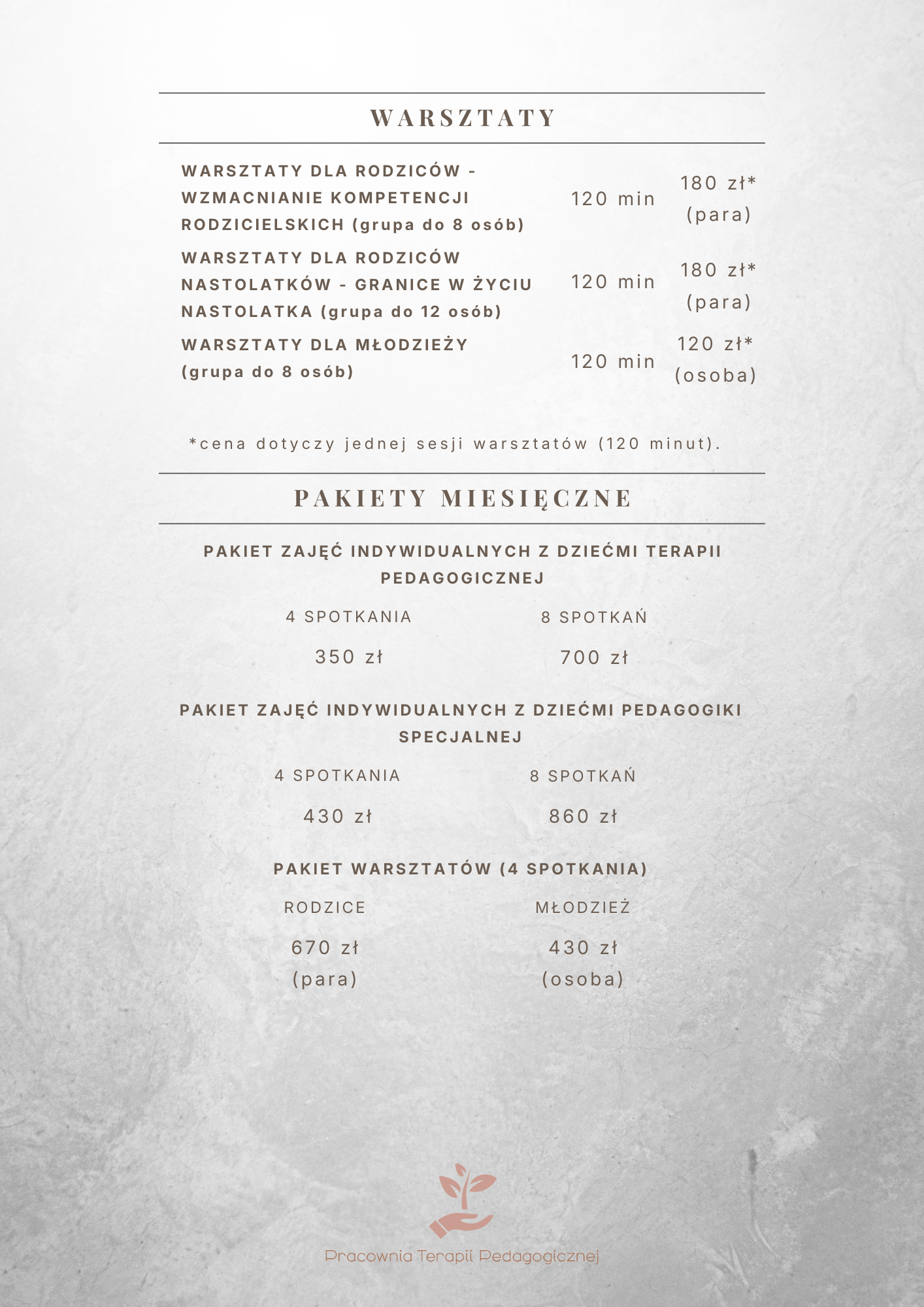 Drugi cennik zajęć terapeutycznych