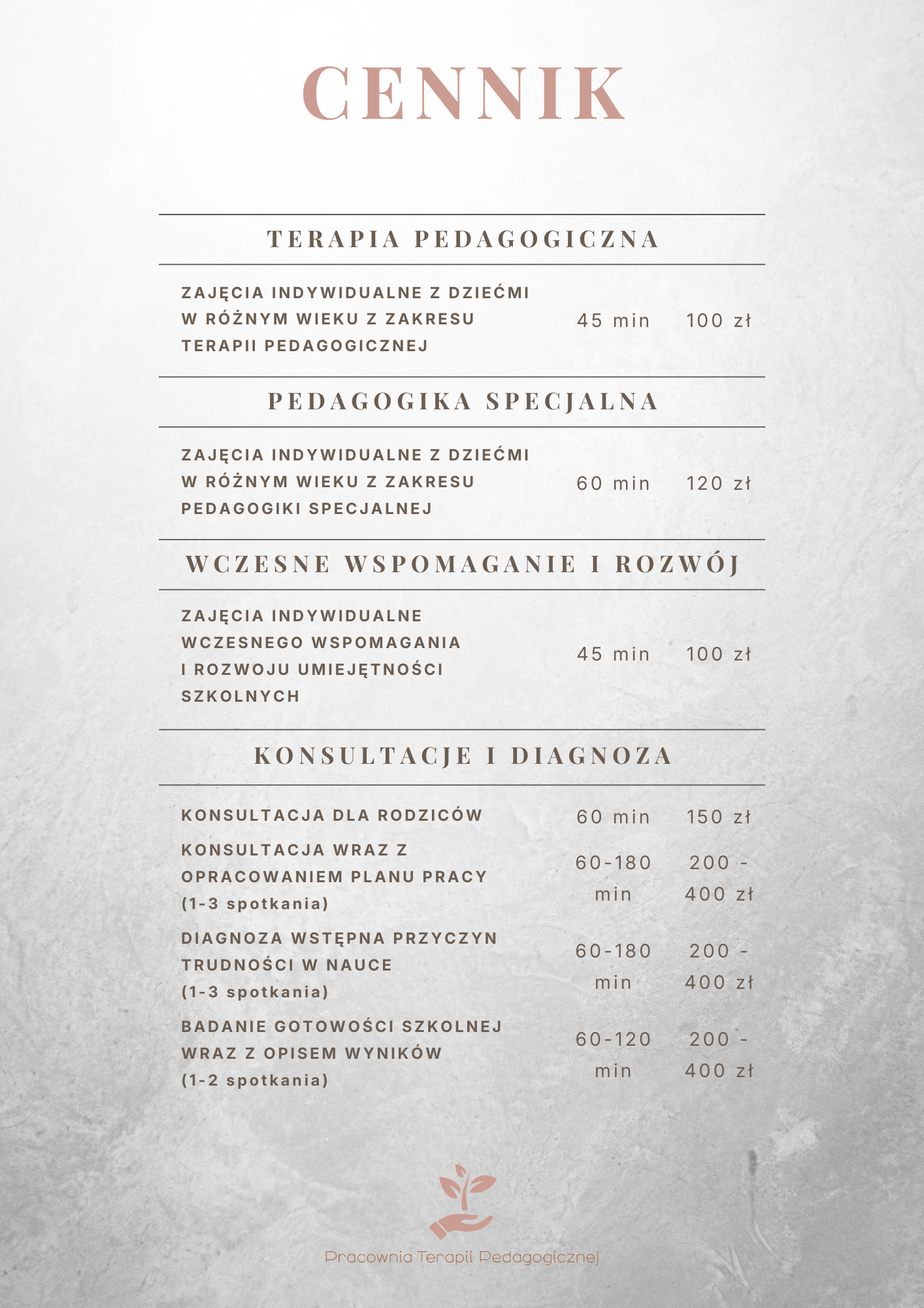 Pierwszy cennik zajęć terapeutycznych